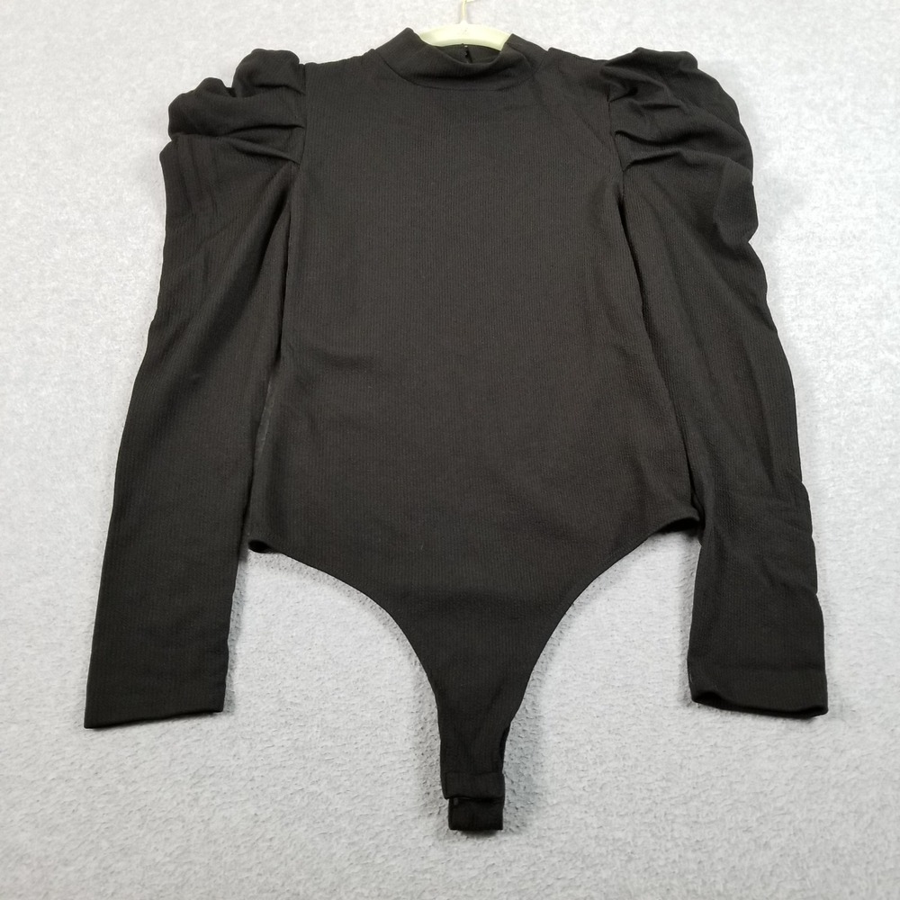 TCEC Bodysuit Womens Medium Black Puff Sleeve Ribbed Mock Neck Thong Snap CT6428